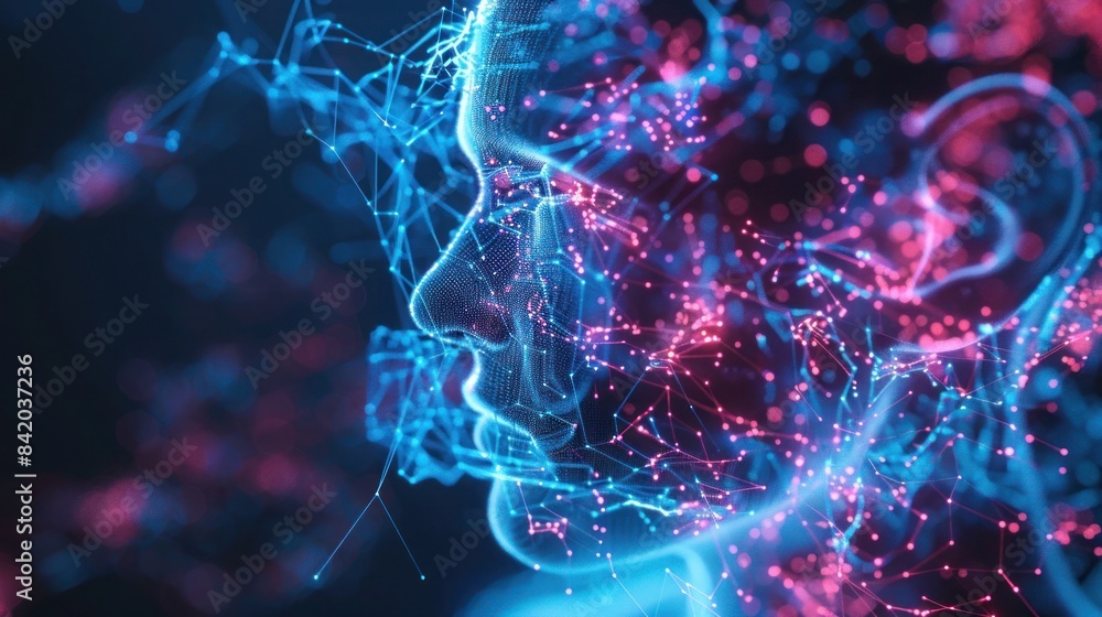 Abstract AI-generated digital face with vibrant blue and pink neural network. Futuristic and technological art representing connections and data. Abstract AI-generated digital face with vibrant blue and pink neural network. Futuristic and technological art representing connections and data.