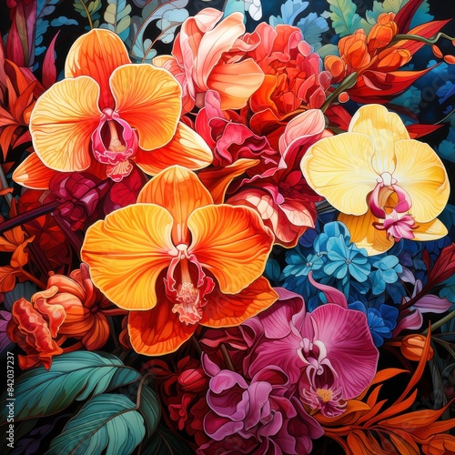 Wallpaper Mural Vibrant and colorful bouquet of orchids and tropical flowers in full bloom, beautifully arranged with lush green leaves. Torontodigital.ca