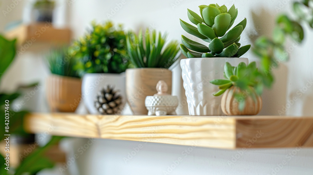 Close-up of a wall-mounted shelf with small potted plants and figurines Close-up of a wall-mounted shelf with small potted plants and figurines