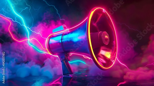A vibrant neon megaphone adorned with lightning bolts steals the spotlight in this striking stock photo