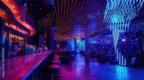 Modern nightclub with vibrant neon lights and futuristic interior, featuring a stylish bar and seating area under a dazzling ceiling display.