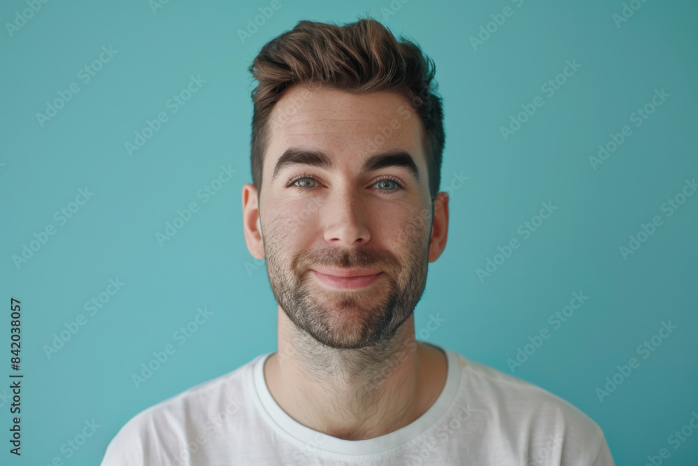 A close up portrait of a young man with a subtle smile A close up portrait of a young man with a subtle smile