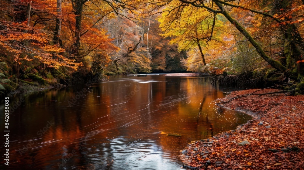 Fototapeta premium Tranquil Autumn River Scene with Colorful Trees Reflecting in Still Water on a Peaceful Day