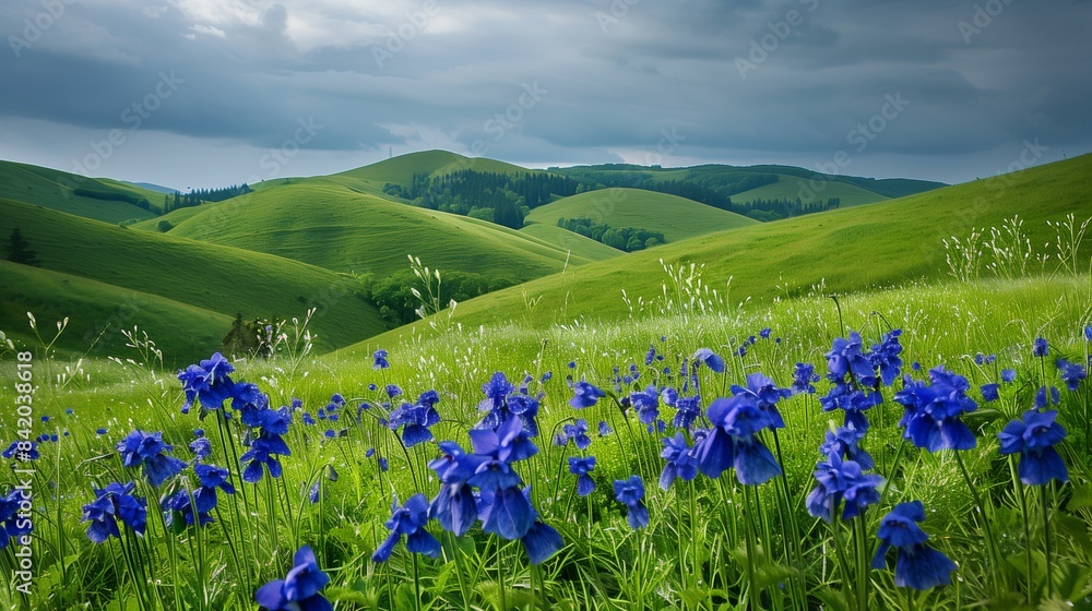 Elegant summer meadow with blue monkshoods and rolling green hills, ideal for copy space for text Elegant summer meadow with blue monkshoods and rolling green hills, ideal for copy space for text