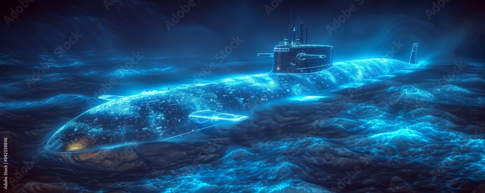 Illuminated submarine underwater in a fictional night-time setting, portraying technological sophistication and a mysterious deep ocean environment Illuminated submarine underwater in a fictional night-time setting, portraying technological sophistication and a mysterious deep ocean environment