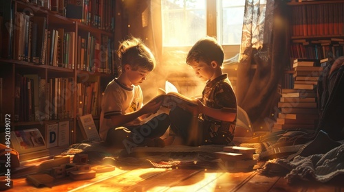 Two children reading a book together on a sunny morning. Calm library setting. Warm light and serene atmosphere. Bonding over stories.