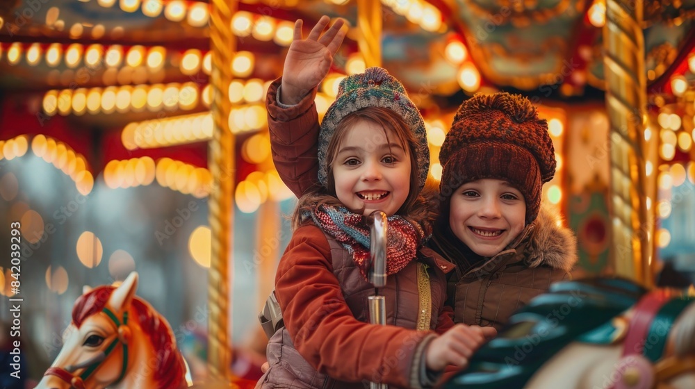 Smiling children enjoying a festive carousel ride during winter holiday season, wearing warm clothes and woolen hats at an amusement park. Smiling children enjoying a festive carousel ride during winter holiday season, wearing warm clothes and woolen hats at an amusement park.