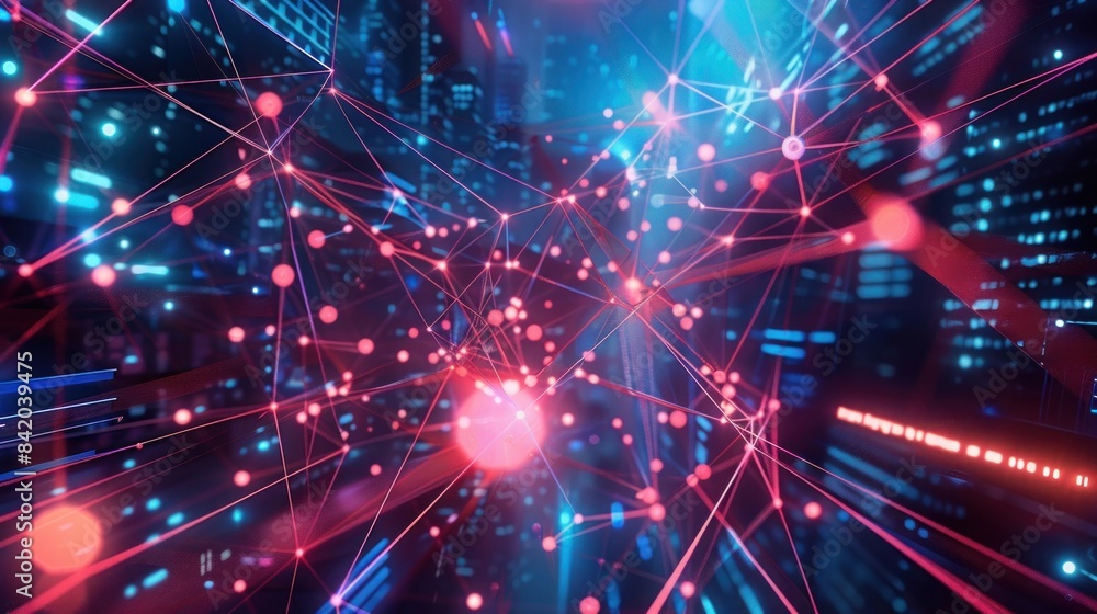 Abstract network technology and data communication concept with interconnected nodes and vibrant lights in a digital cityscape viewed at night Abstract network technology and data communication concept with interconnected nodes and vibrant lights in a digital cityscape viewed at night
