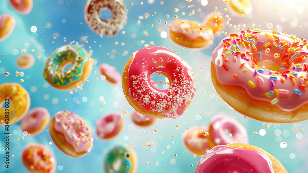 Flying donuts. Mix of multicolored doughnuts, Ai generated image Flying donuts. Mix of multicolored doughnuts, Ai generated image