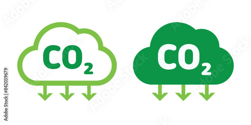 CO2 emission reduction neutrality concept icon set. Cloud shape banners with zero footprint, CO2 neutral, CO2 reduced labels for your design. Green eco friendly stop global warming vector illustration