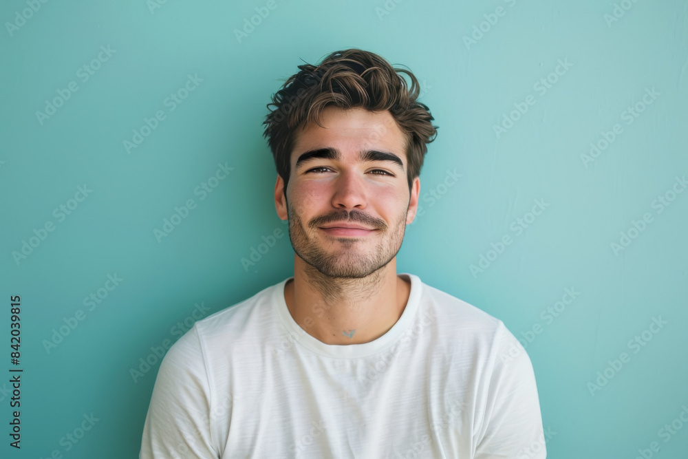 A close up portrait of a young man with a subtle smile A close up portrait of a young man with a subtle smile