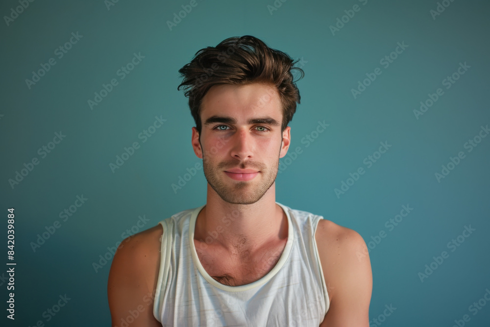 A close up portrait of a young man with a subtle smile A close up portrait of a young man with a subtle smile