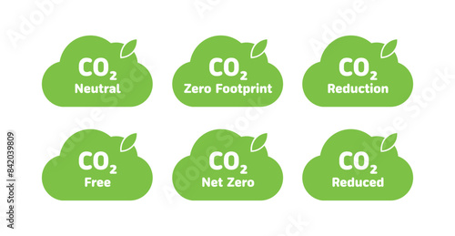 CO2 emission reduction neutrality concept icon set. Cloud shape banners with zero footprint, CO2 neutral, CO2 reduced labels for your design. Green eco friendly stop global warming vector illustration