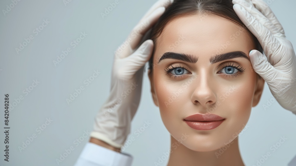 Beauty photography of a beautiful woman with white gloves gently touching her face against a soft background Beauty photography of a beautiful woman with white gloves gently touching her face against a soft background