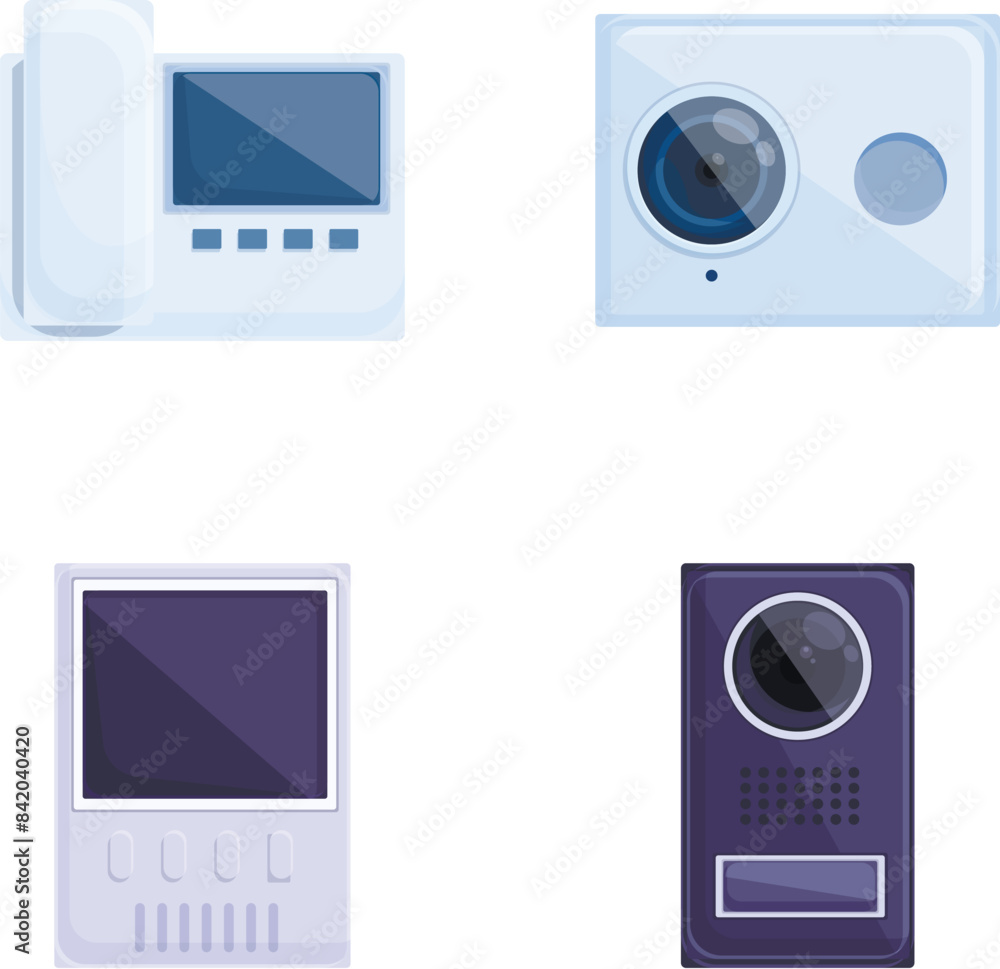 Doorphone icons set cartoon vector. Video audio door phone entry system. Entrance security device Doorphone icons set cartoon vector. Video audio door phone entry system. Entrance security device