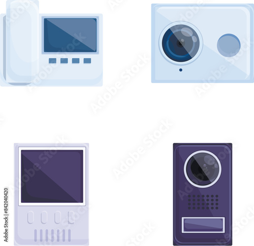 Doorphone icons set cartoon vector. Video audio door phone entry system. Entrance security device