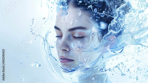 Beauty photography of a beautiful woman with water flowing from her hair close-up on a light background