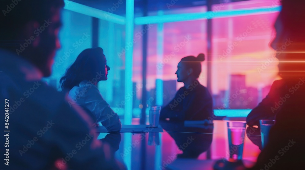 Modern business meeting in neon-lit room with city view and silhouette of people discussing ideas