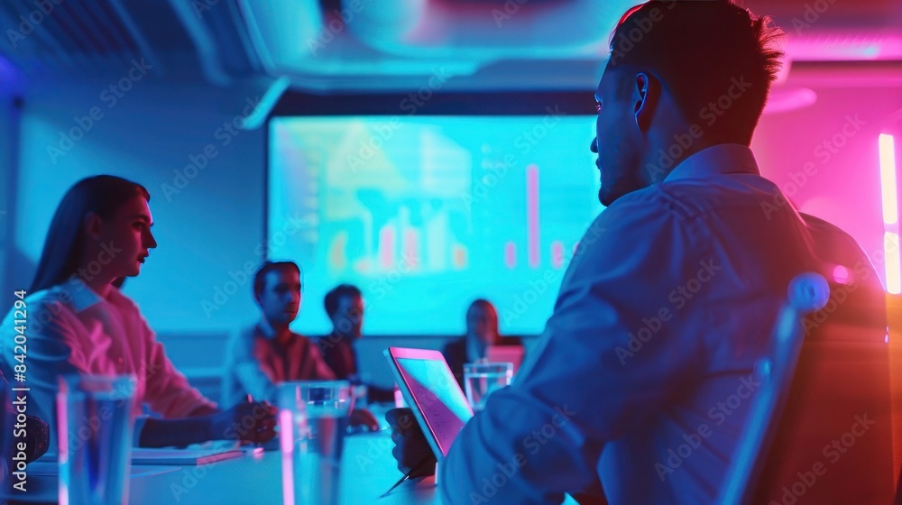 Business team in a meeting. Office workers discussing charts and data on a screen. Modern workspace with blue and pink lighting.