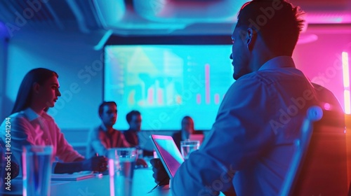 Business team in a meeting. Office workers discussing charts and data on a screen. Modern workspace with blue and pink lighting.