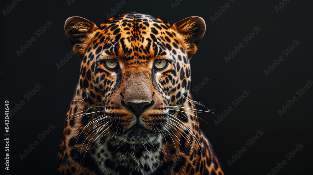 Obraz premium Front view of Panther on black background. Wild animals banner with copy space. Predator series. digital art