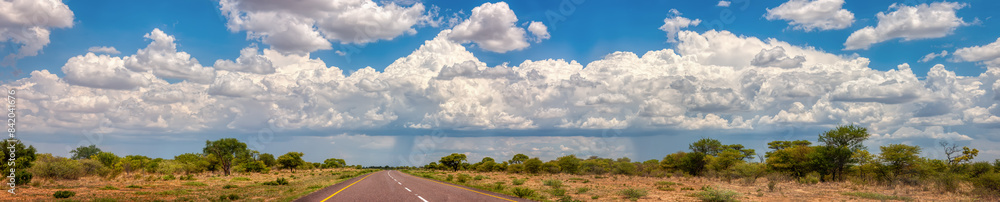 wide view of highway passing, african landscape outback panorama, acacia trees wide view of highway passing, african landscape outback panorama, acacia trees