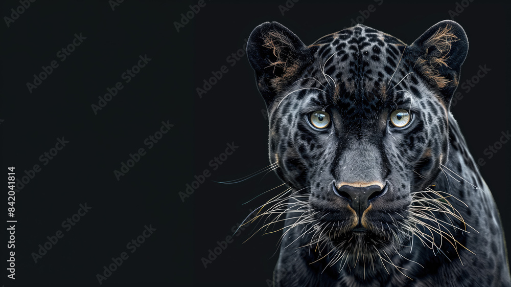 Front view of Panther on black background. Wild animals banner with copy space. Predator series. digital art Front view of Panther on black background. Wild animals banner with copy space. Predator series. digital art
