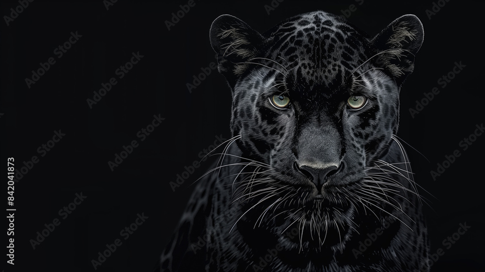 Front view of Panther on black background. Wild animals banner with copy space. Predator series. digital art Front view of Panther on black background. Wild animals banner with copy space. Predator series. digital art