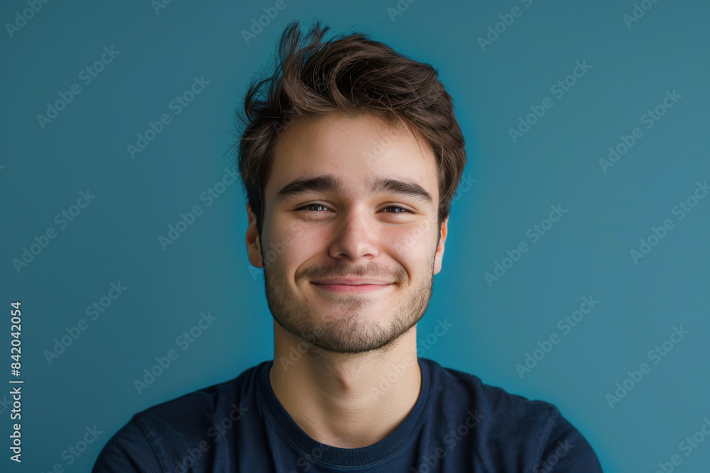 A close up portrait of a young man with a subtle smile A close up portrait of a young man with a subtle smile