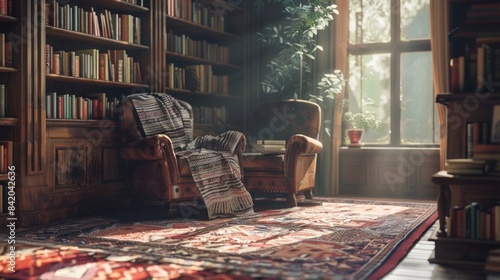 Cozy vintage reading nook in a sunlit library room with armchairs and bookshelves, perfect for quiet moments and literary relaxation.