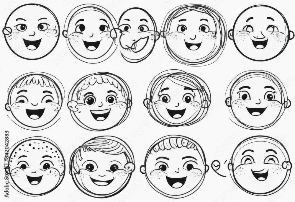 a set of colorful hand drawn faces printed in black and white a set of colorful hand drawn faces printed in black and white
