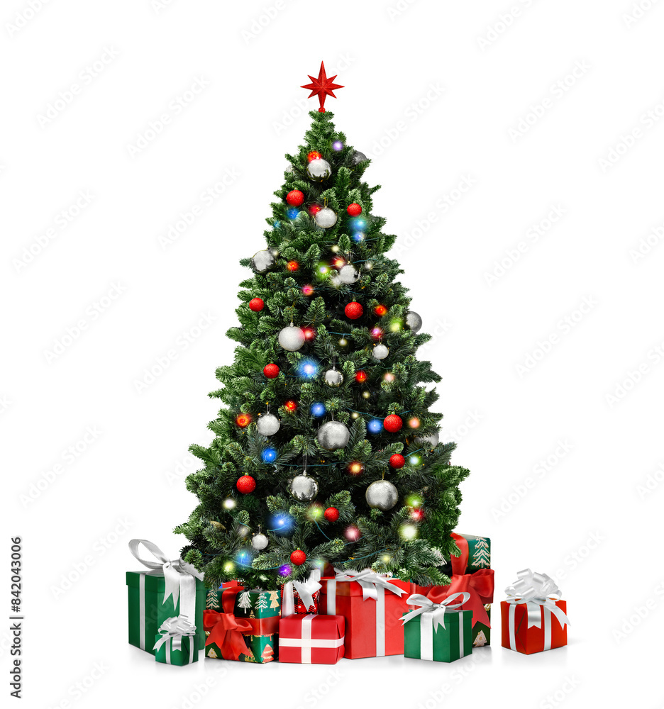 Decorated Christmas tree with presents isolated on white Decorated Christmas tree with presents isolated on white