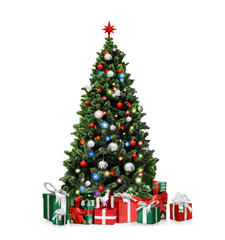 Decorated Christmas tree with presents isolated on white