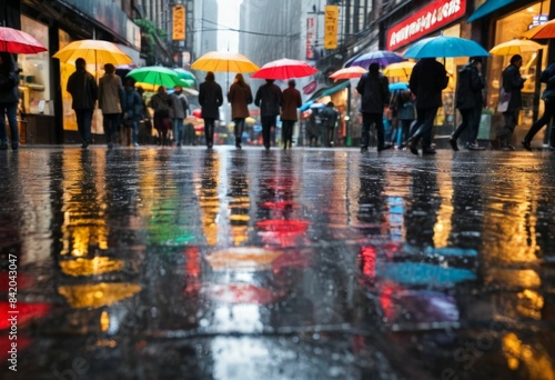 Wallpaper Mural People walking under colorful umbrellas on a rainy city sidewalk. Torontodigital.ca