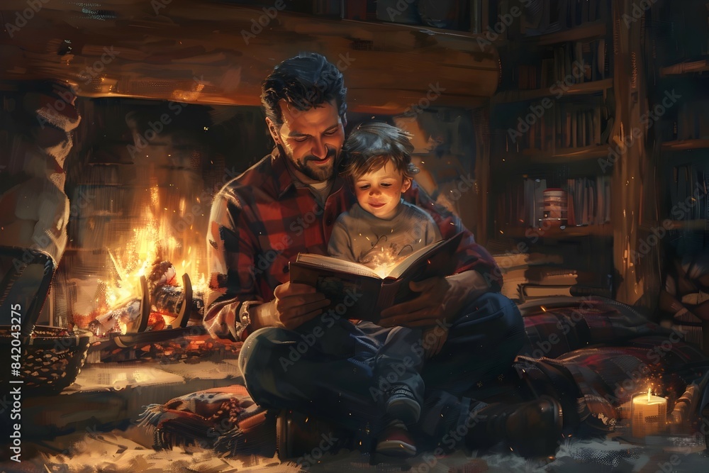 Father Shares the Joy of Reading with Children by Fireplace on a Comfortable Evening Father Shares the Joy of Reading with Children by Fireplace on a Comfortable Evening