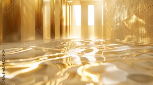 Abstract golden reflections in a shimmering hallway with light streaming through windows