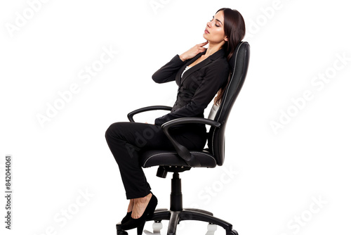 Businesswoman sitting on a desk chair and holding a painfull stiff neck. Combatting Neck Pain