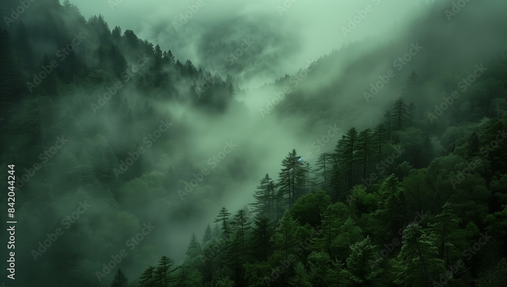 Misty Forest Canopy: Aerial View of Enigmatic Woods on Mountain Ridge, Cloaked in Ethereal Fog Misty Forest Canopy: Aerial View of Enigmatic Woods on Mountain Ridge, Cloaked in Ethereal Fog