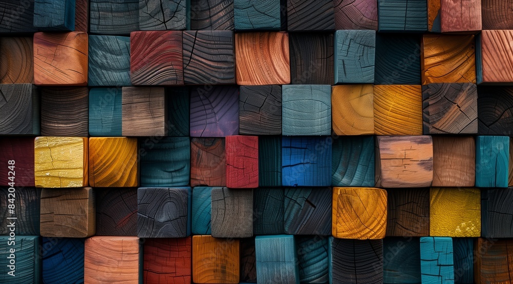 Vibrant Wooden Blocks in Abstract Pattern: Rich Textured Background with Natural Grain and Deep Colors Creating a Unique Visual Design Vibrant Wooden Blocks in Abstract Pattern: Rich Textured Background with Natural Grain and Deep Colors Creating a Unique Visual Design