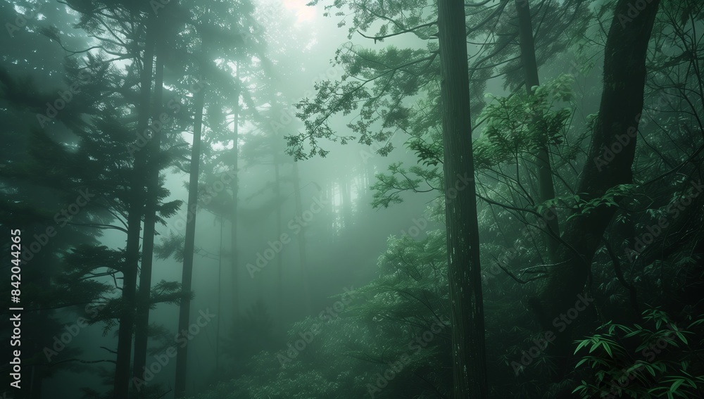 Misty Forest Canopy, Aerial View of Dense Woods Blanketed in Fog on Mountainous Terrain, Enchanting Ethereal Scene Misty Forest Canopy, Aerial View of Dense Woods Blanketed in Fog on Mountainous Terrain, Enchanting Ethereal Scene