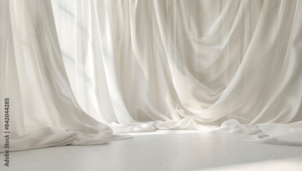 Serenity in a Spacious White Room: Ethereal Elegance with Flowing Fabric Wall, Soft Light Enhancing Tranquility Serenity in a Spacious White Room: Ethereal Elegance with Flowing Fabric Wall, Soft Light Enhancing Tranquility
