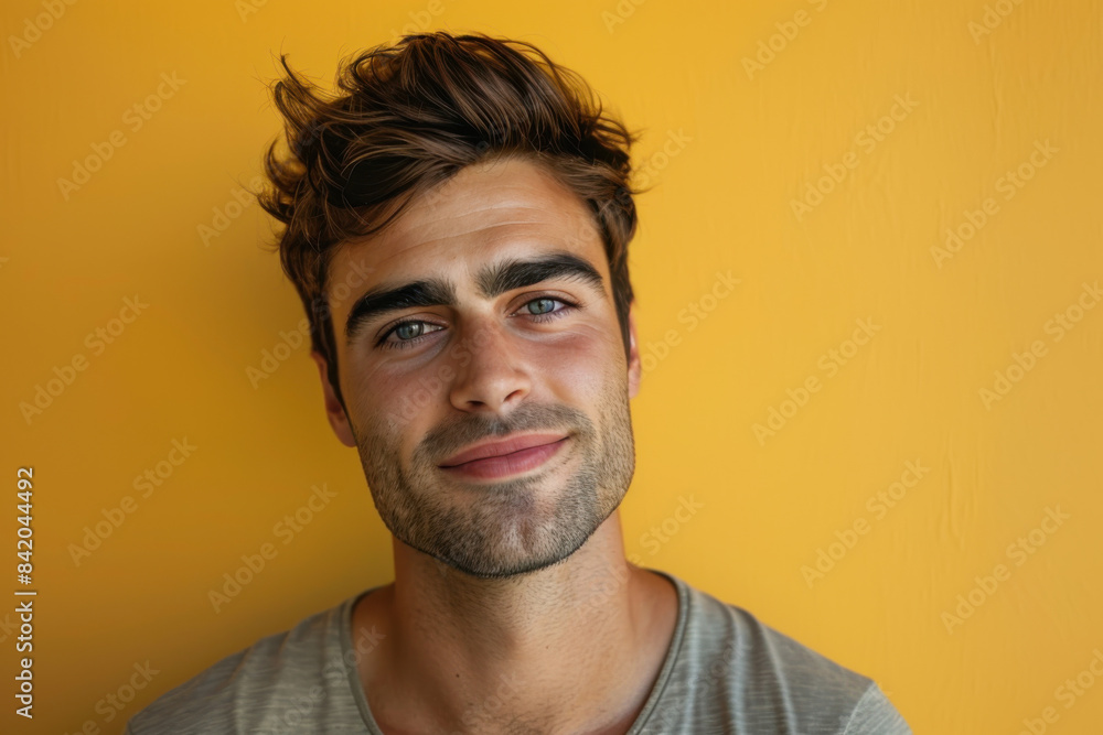 A close up portrait of a young man with a subtle smile A close up portrait of a young man with a subtle smile