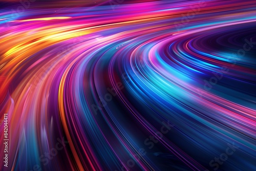 Vibrant energy, blurred lines and dynamic lines in a colorful background. Wide angle composition with dark blue gradient contrast, acceleration concept heading towards the future.