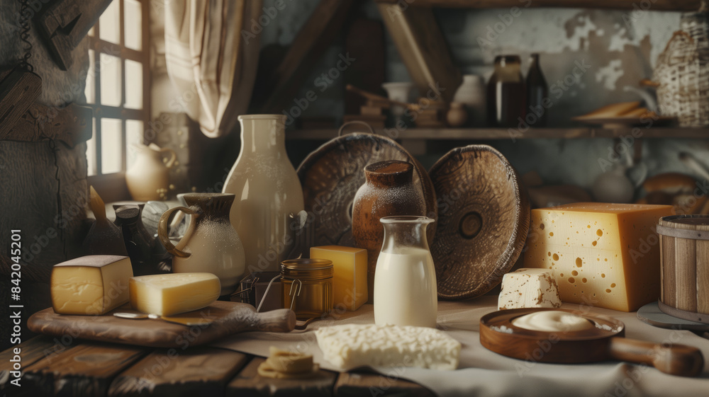 Generative AI - Different milk products in rustic style: cheese, milk, yogurt, cream, butter Generative AI - Different milk products in rustic style: cheese, milk, yogurt, cream, butter
