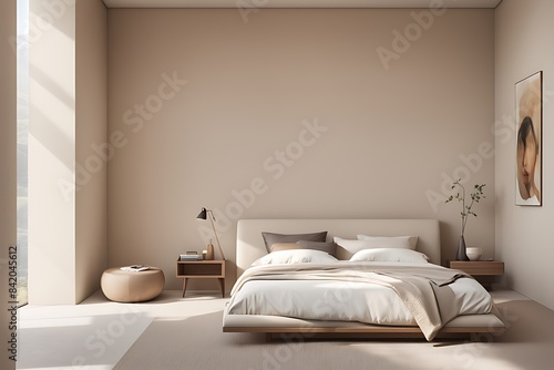 Minimalist interior design of modern bedroom with beige stucco wall. 