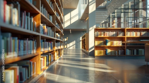 Obraz na płótnie Sunlight streams through spacious modern library, illuminating rows of books on wooden shelves and casting shadows on a polished floor. w salonie