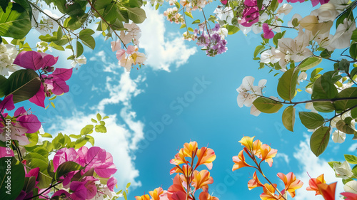 花と青空の鮮やかな風景 © bephoto