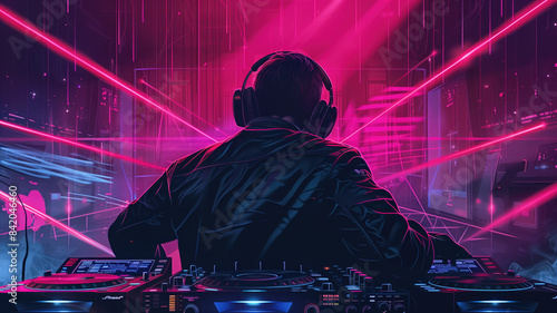 Generative AI illustration of a DJ with headphones playing music in a club with laser lights behind