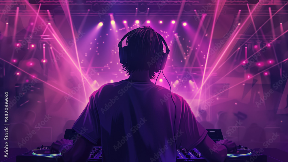 Obraz premium Generative AI illustration of a DJ with headphones playing music in a club with laser lights behind