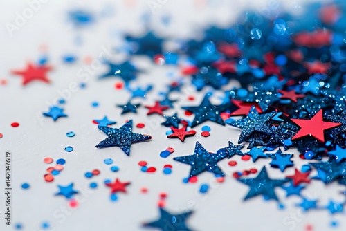 Scattered blue and red stars sparkling on a white background, capturing a festive American holiday spirit. © Sajida